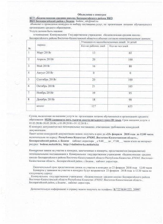 Конкурс по выбору поставщика услуг, по  организации  питания  обучающихся в КГУ "Боденелинская средняя школа" Бескарагайского района ВКО
