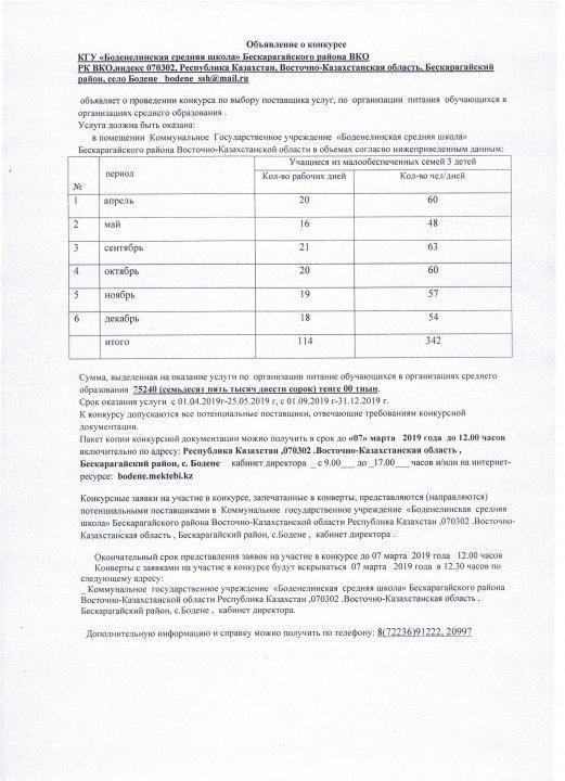 Конкурс по выбору поставщика услуг, по организации питания обучающихся в КГУ "Боденелинская средняя школа" Бескарагайского района ВКО